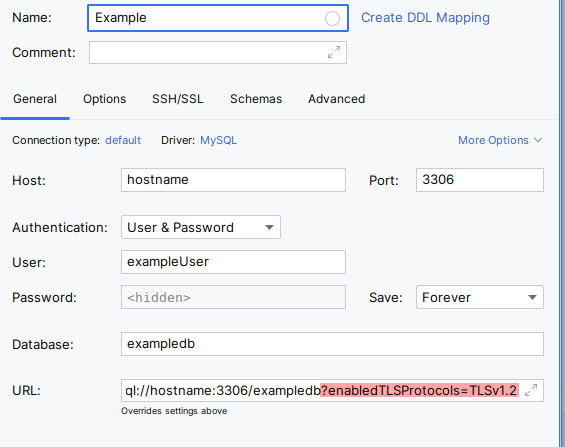 Example showing where in the PHPStorm UI to update the connection string