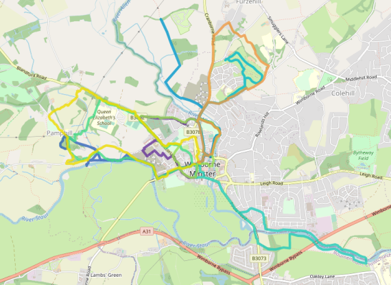 Map of wimborne showing walks we've done in the last month